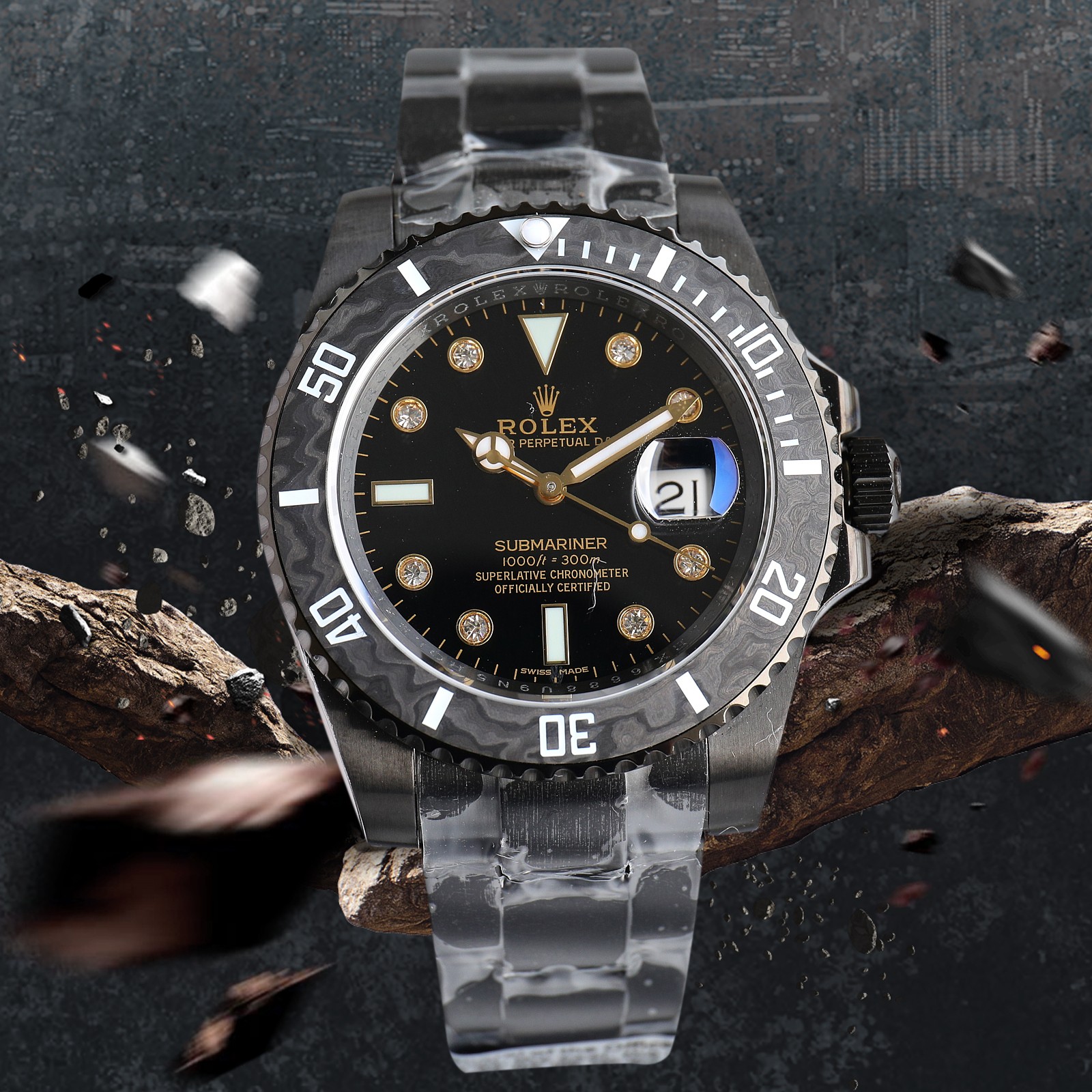Top configuration! Carbon fiber bezel! Big diamond pins! Limited release!
New custom SUB Submariner, rare big diamond dial! Perfect presentation!
ROLEX BLAKEN Special Custom Sub Limited Edition
1: Customized carbon fiber bezel, multi-color/white/black/blu