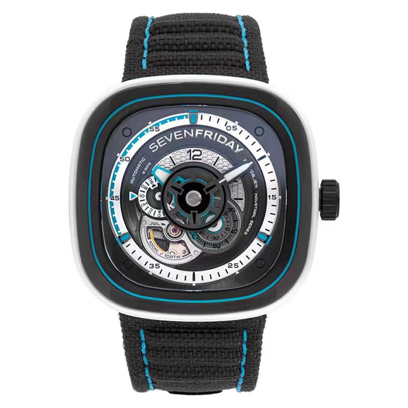 P:640.
Exclusive New seven Friday - P3C/08 Automatic Mechanical Watch Sea Beach Summer ?? Color Spot blue Light up your summer cool outfit Watch combining stainless steel and plastic design Opaque black and water blue transparent moving case like clear se