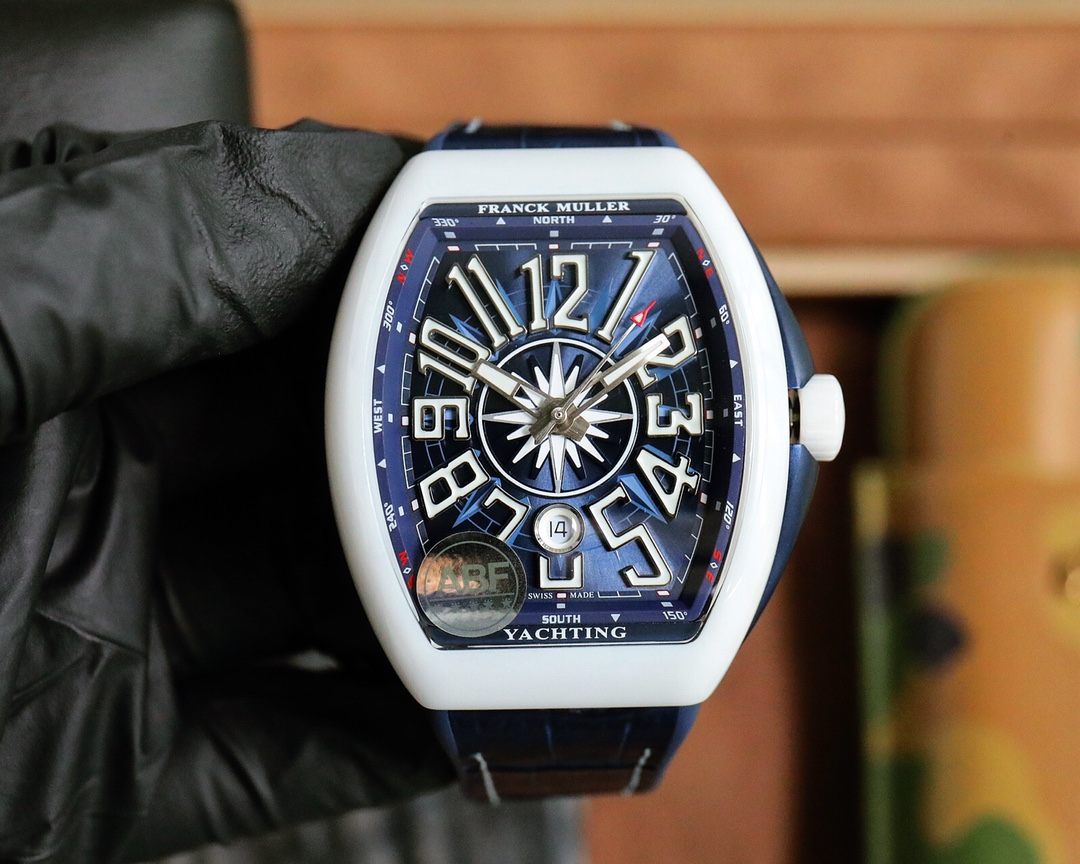 ABF top quality white ceramic new arrival Franck Muller Vanguard Yachting V45 yacht series 44x54mm
1. The case is 100% imported ceramic original mold, especially the blue side grooves on the inner side of the middle of the sandwich structure case and the 