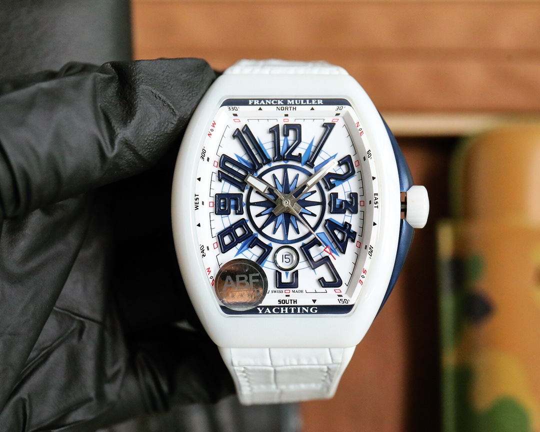 ABF top quality white ceramic new arrival Franck Muller Vanguard Yachting V45 yacht series 44x54mm
1. The case is 100% imported ceramic original mold, especially the blue side grooves on the inner side of the middle of the sandwich structure case and the 