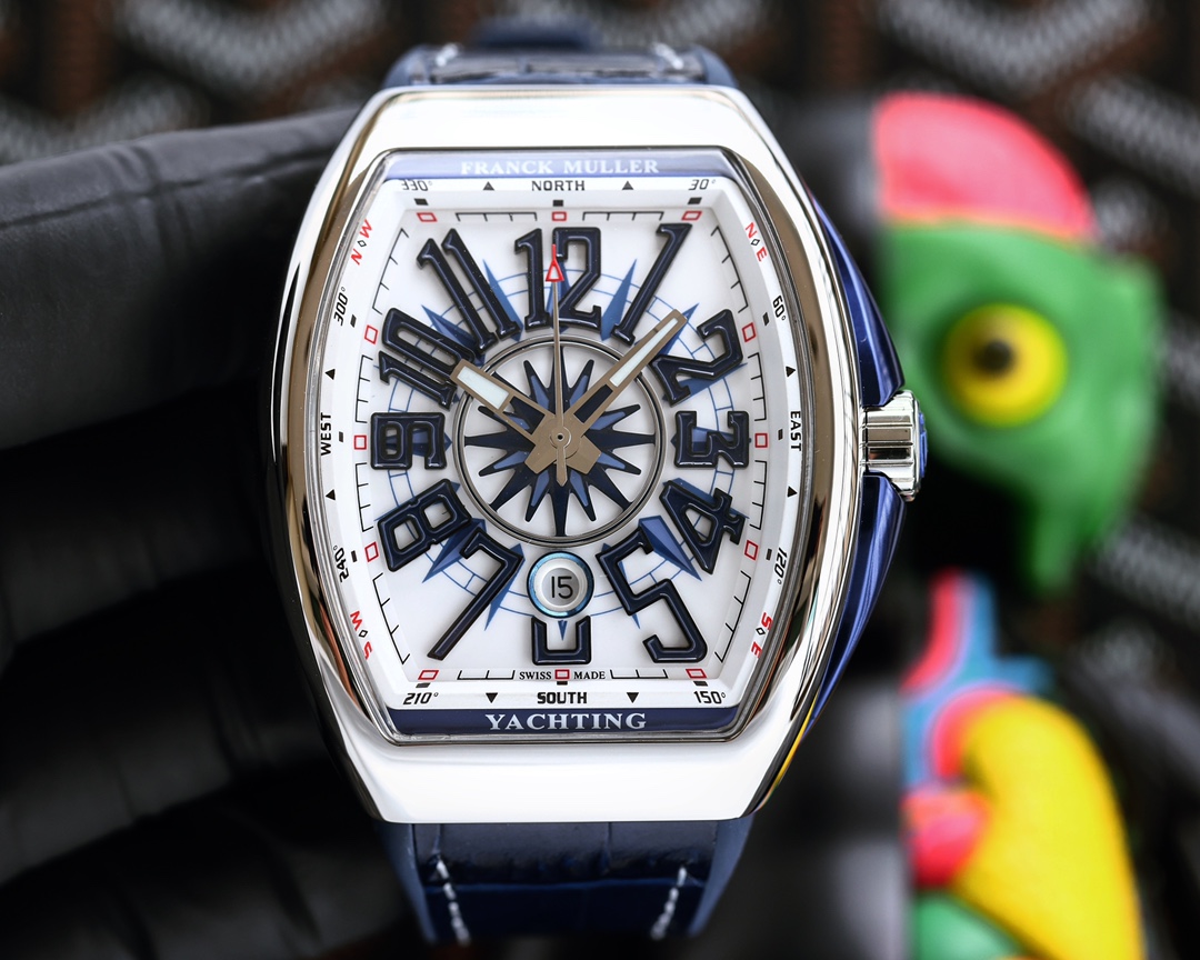 Perfect details ABF top quality new arrivals Franck Muller FM Vanguard Yachting V45 Yacht Series 44x54mm 1. The case is 100% original mold, especially the blue side grooves on the middle inner side of the sandwich structure case and the blue lugs protrudi