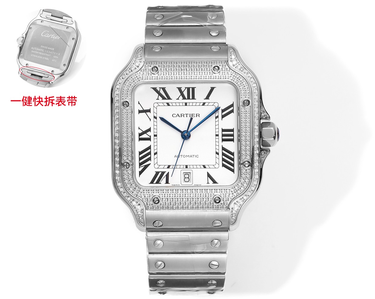 THB produce 1550
THB Santos steel head grille quick-release version
[Original mold latest CARTIER Santos ???AF1
1 ? [Case] Genuine mold, with the best imported 316L case! The movement is an exclusive imported 9015 ultra-thin movement, stable timekeeping, 