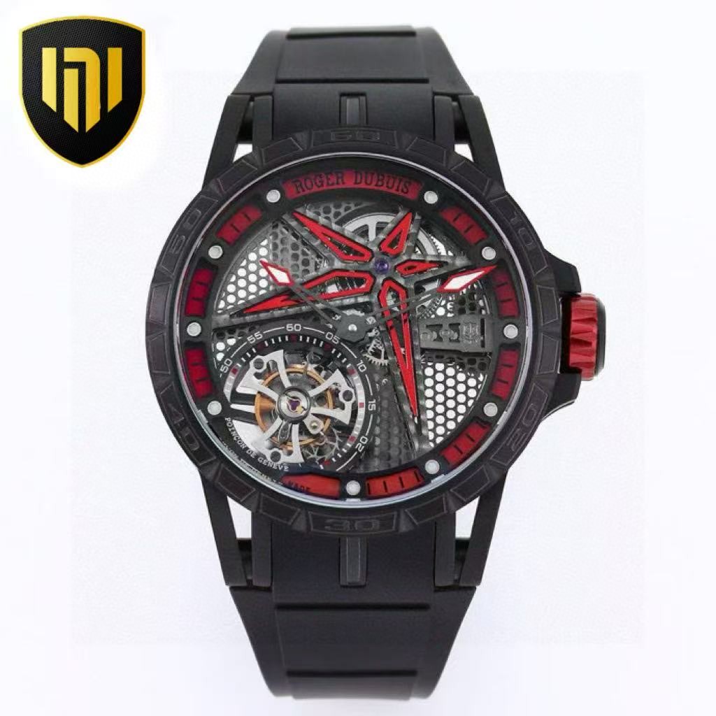 "NEW Factory" Roger Dubuis King of Racing Pirelli Single Tourbillon # Full Hollowed-out back transparent Premium Feel Model respectively: The RDDBEX0815 and RDDBEX0817 watches are the epitome of Roger Dubuis' signature design, featuring a star-shaped fram