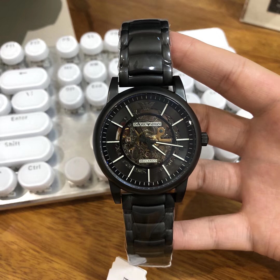 ??125 Armani men's watch AR60008 Ingenious black steel cool and trendy skeletonized design Modern artistic beautiful skeletonized frosted black steel strap Portable butterfly pin clasp Mineral crystal mirror 30 m waterproof automatic mechanical men's watc