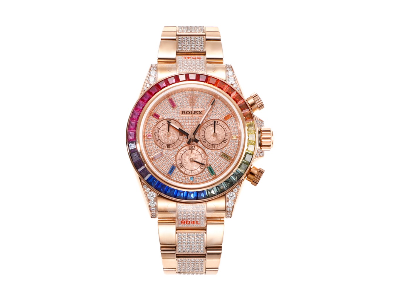 MS Factory
Over the Rainbow Peak -- Rolex Rainbow Bezel Daytona
Platinum eye Cal.7750 Mechanical Chronograph,
The "Rainbow Daytona II" case and strap are polished from 316L stainless steel, each case case is processed with CNC for all details, and then po