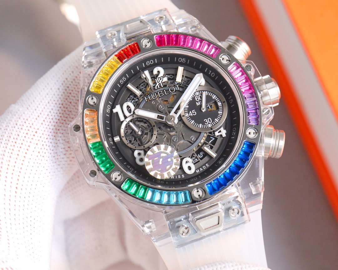 Light case 1950 Diamond case 2050
2023 HUBLOT Hublot's Best Reissue of the Year - Hublot BIG BANG Series 411.JX.4802.RT "Fully Transparent Watch"
[Great Details] 1. Reproducing the intricate skeletonized layout behind the dial of the original, 2. Using th