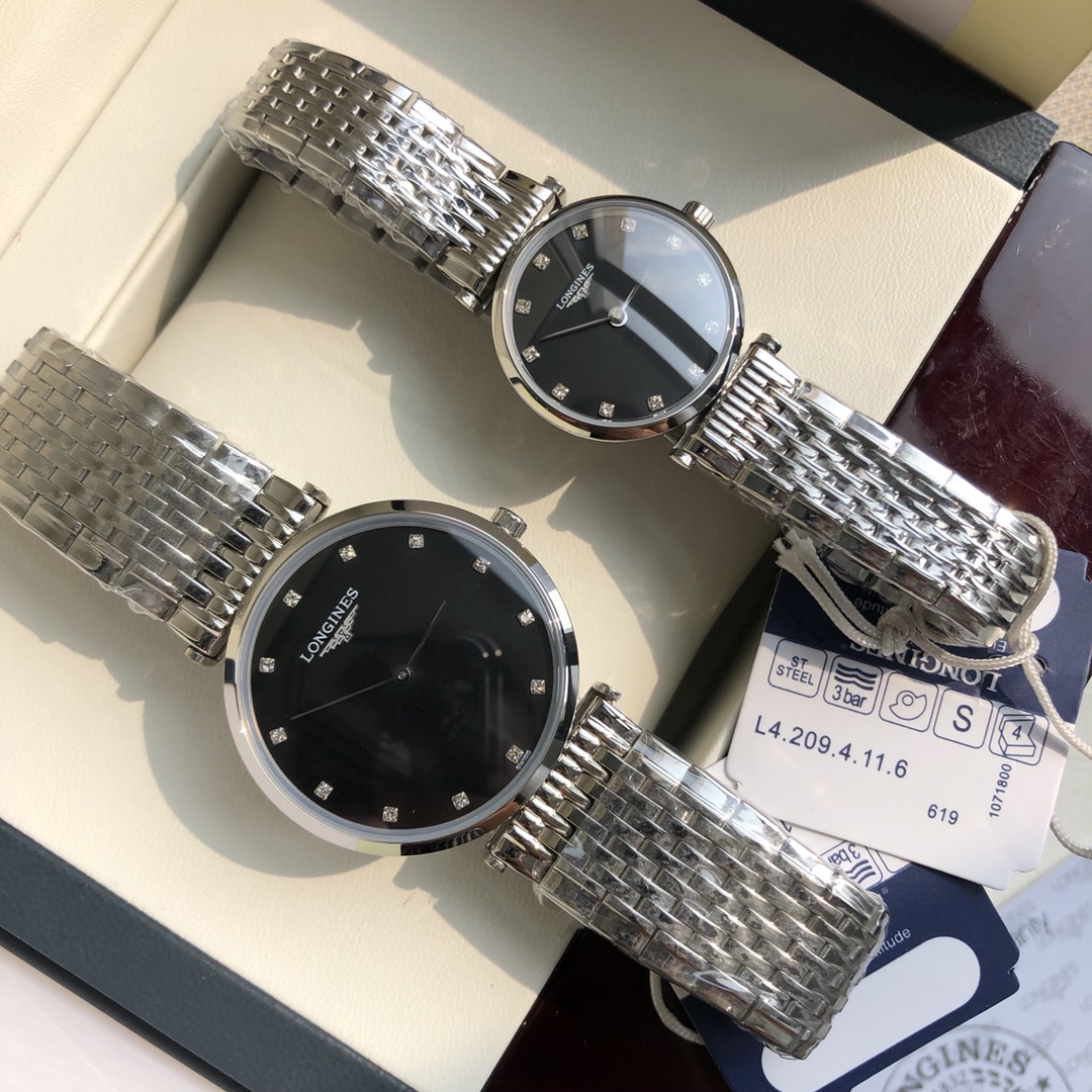 160
Longines collection, Swiss quartz ultra-thin couple watches, natural mother-of-pearl dial, 316L stainless steel case with sapphire crystal mirror water-resistant classic fashion, large 34mm diameter, small 24.5mm diameter, removable protective film av