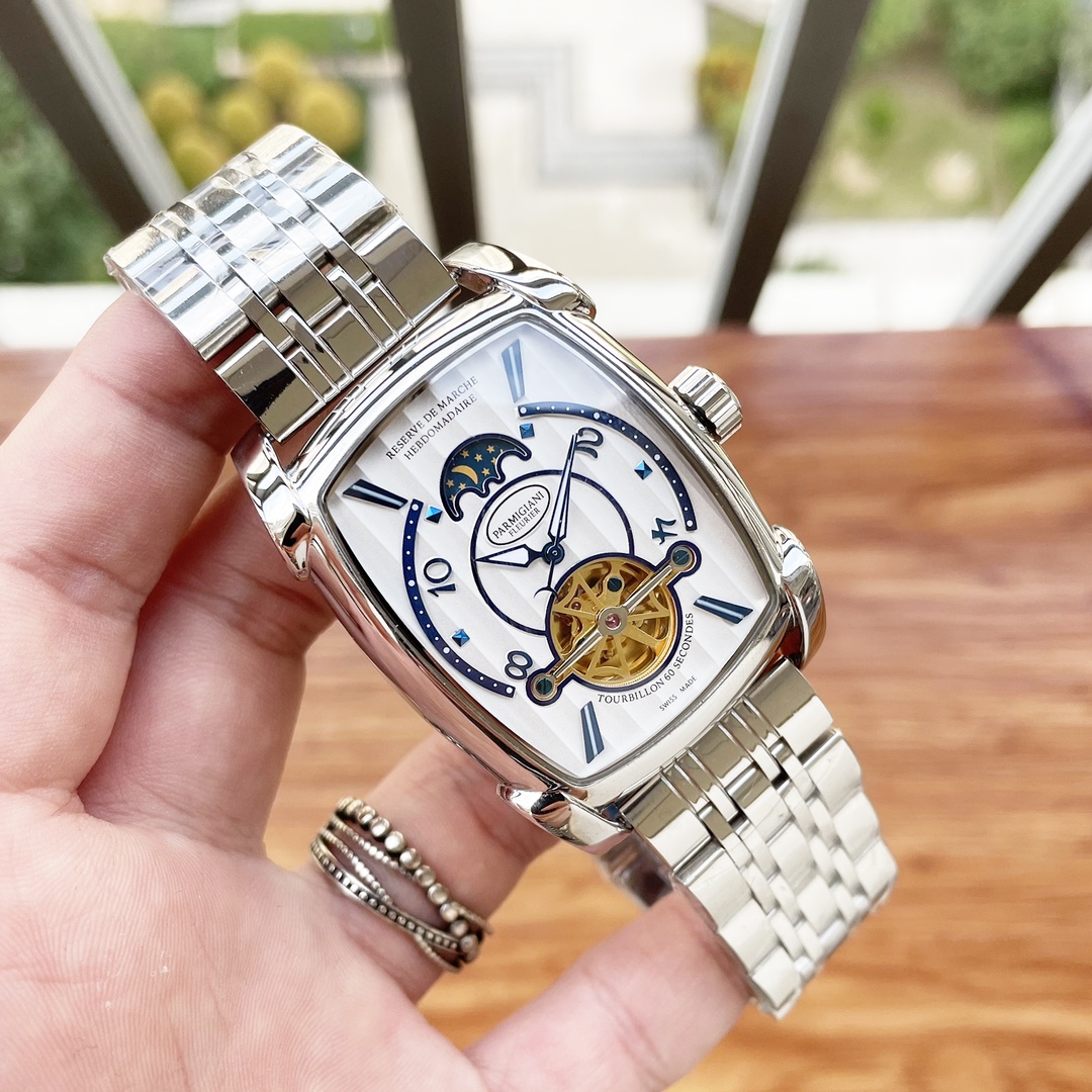 Leather strap White case 540. Gold ?20. Steel strap ?20.??? PARMIGIANI ??PARMIGIANI cask Flywheel Mechanical men's watch, 12 positions ?? sun during the day and ?? moon at night, embodying the finest materials and meticulous craftsmanship!
?? Type ?? : Dr
