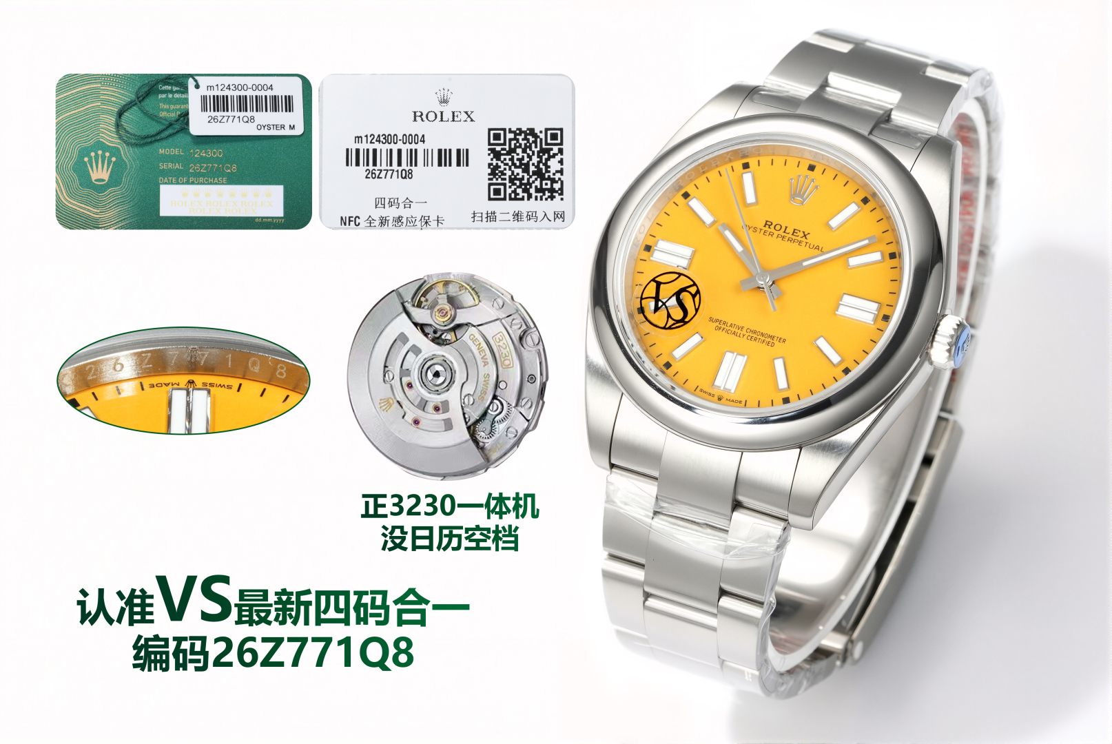 VS from 1650
VS Factory ROLEX 41mm ???MK1 Oyster Perpetual Series 126300 CUSTOM version 4 number in ONE with NFC CARD, watch ?? code 26Z771Q8, watch ?? buckle code U9G, 41mm diameter, Only color matching dial, bevel and bevel bezel pin, quality guaranteed