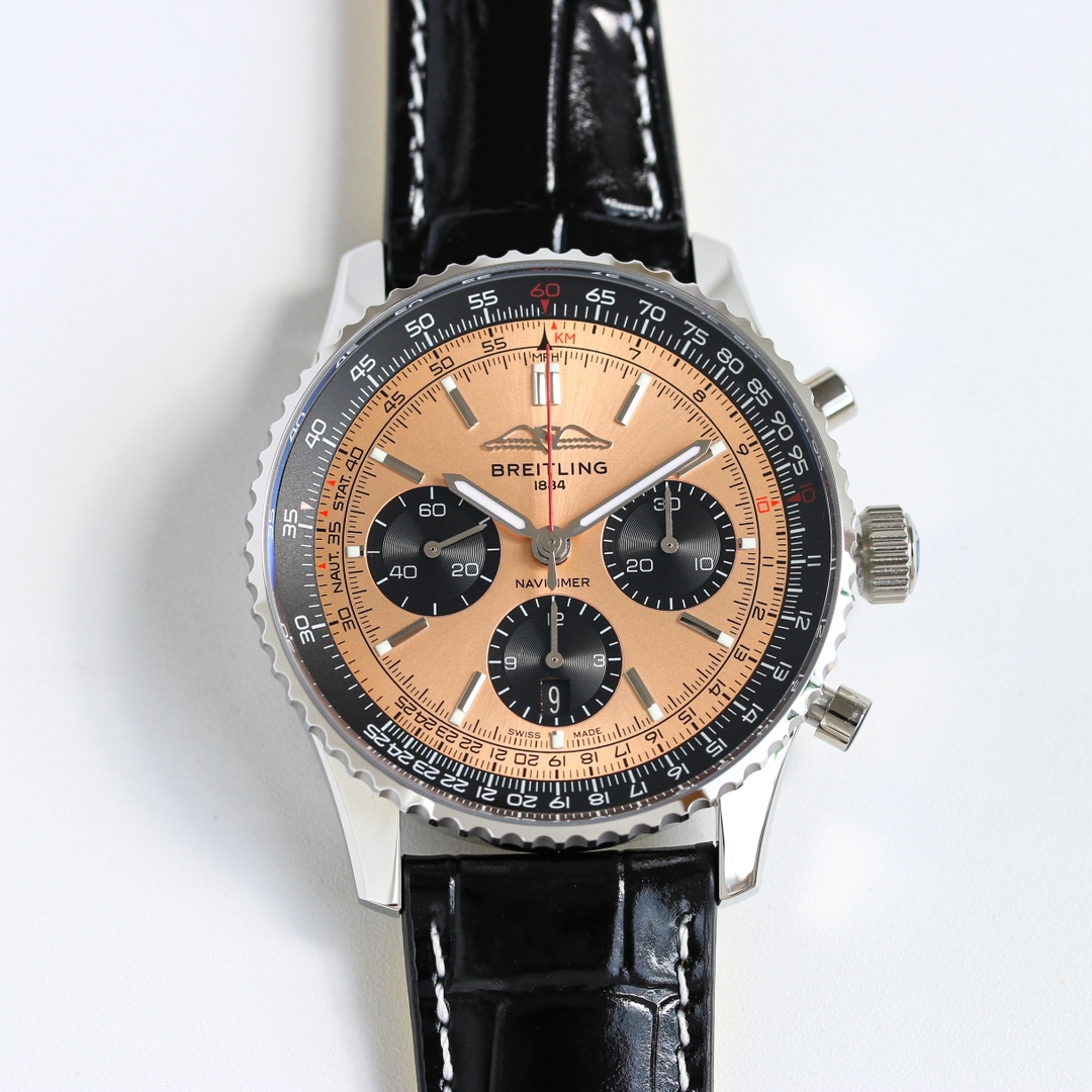 F1 New: Breitling New Aviation Chronograph ??RW5 Navitimer 70th anniversary Breitling reinterpreted the classic with bold colors. 43mm in size, the iteration is undoubtedly an authentic aviation chronograph, ?? with a circular flight slide ruler, stick ho