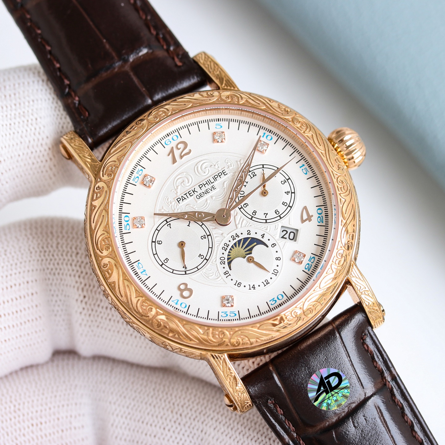 The Patek Philippe Complication collection - handcrafted - engraved watch - makes a stunning debut with a 42mm diameter that fits the average male hand size, perfect for both business and casual. The entire case is hand-engraved with patterns, creating a 