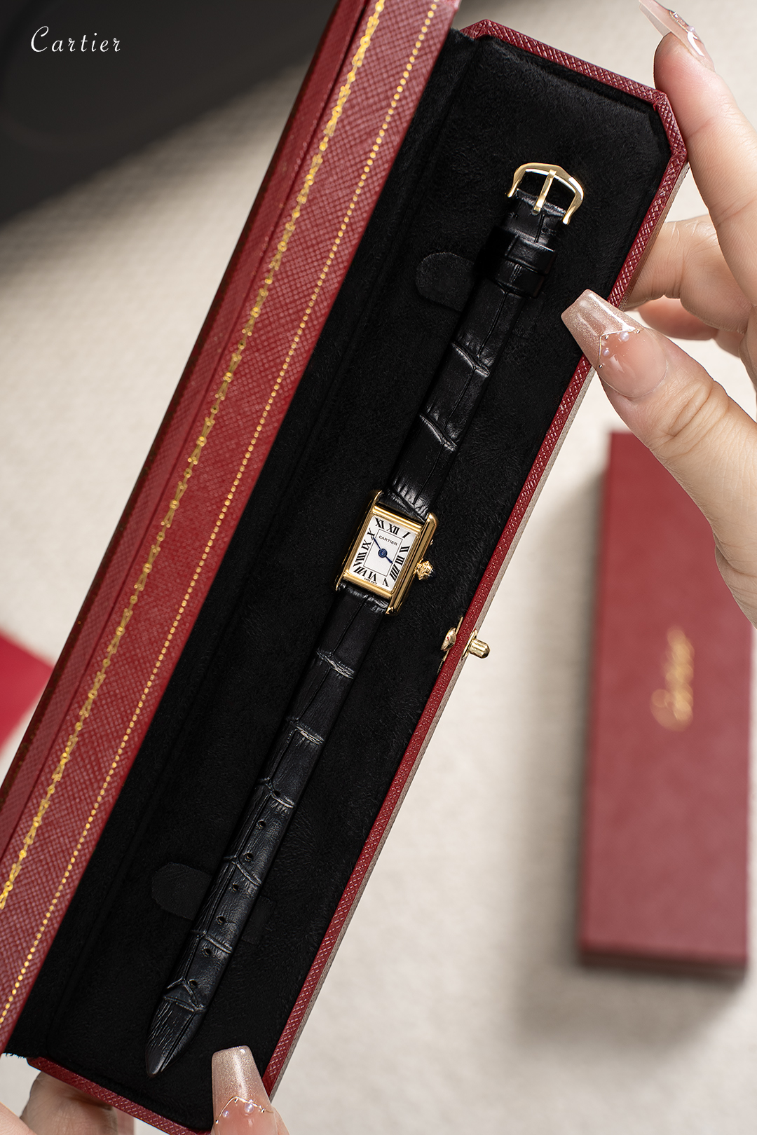 In 2025, Cartier reimagined the classic by downsizing the iconic Tank and introducing a new collection of Mini Tank quartz watches. The slender case, delicate proportions, perfectly fit the wrist, exuding feminine elegance. The gold case is paired with sa