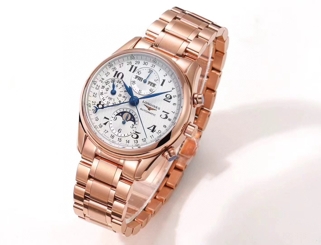 SJ production 1400
GS LONGINES Master Eight Hands Moon Phase ??GS2 with 7751 Chronograph movement, all functions are real functions available, blue hands, sapphire crystal finish, ?? back cover is also sapphire crystal, rotor finely polished super water-r