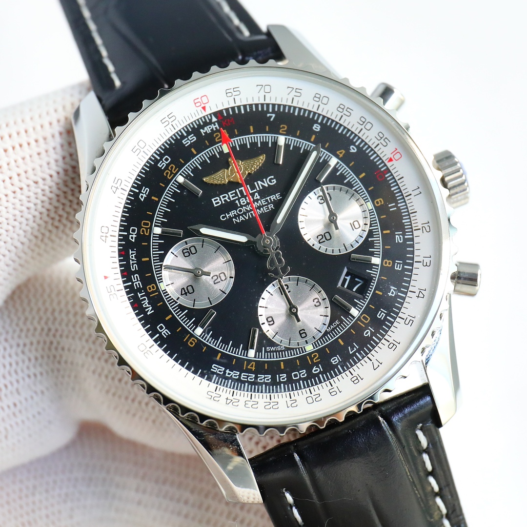 SJ 1650
To celebrate the 70th anniversary of Breitling's new aviation Chronograph ??RW2 (Navitimer), Breitling reinterpreted the classic with bold colors. 43mm in size, the ?? iteration is a true aviation chronograph with a circular flight slide ruler, st