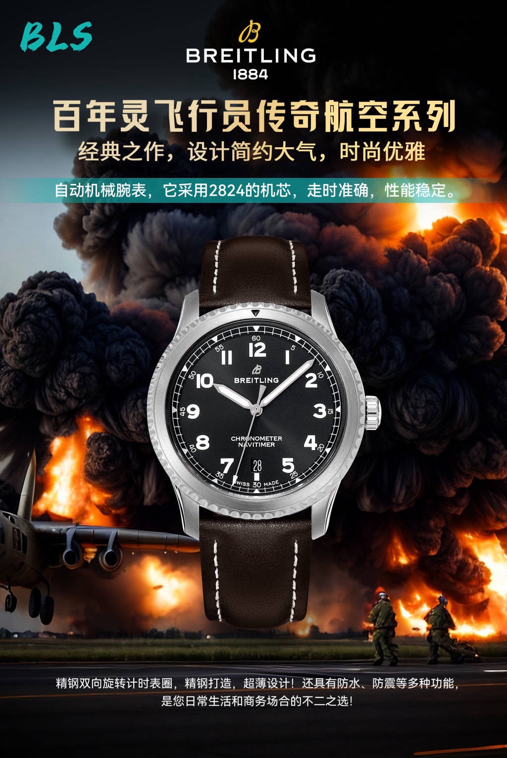 SJ white case 1450 black case 1500
BLS Breitling Aviator Legend Series ??BN8 classic, simple and elegant design, stylish and elegant, automatic mechanical watch, with 2824 movement, accurate timekeeping, stable performance. Case diameter of [41mm], ?? cas