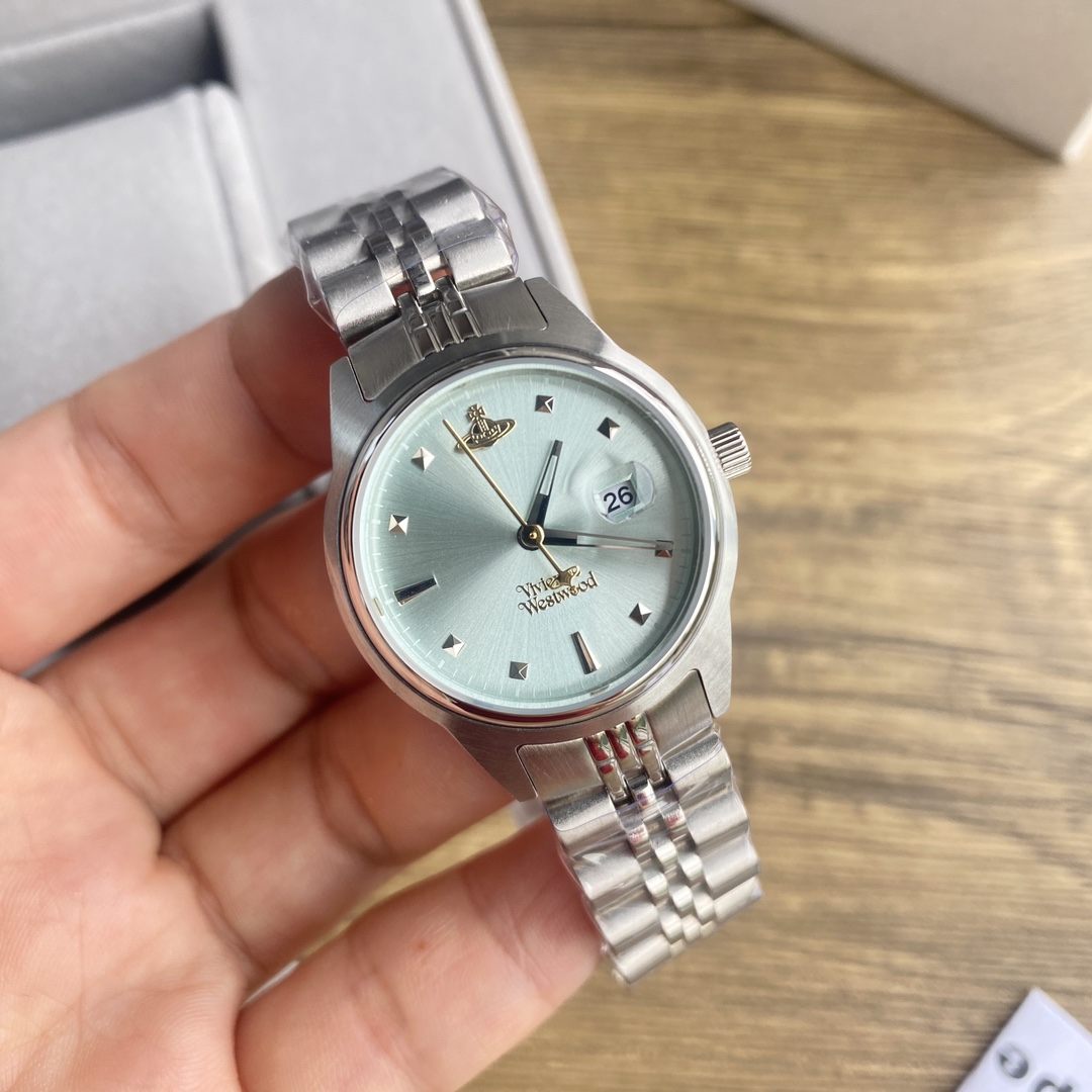 vivienne westwood quartz watch for women, with a wavy ice blue radiating dial paired with simple three-pin pin hour markers, Saturn logo at 12 o 'clock, visible date window at 3 o 'clock for daily time reading, choose and match different decorative detail