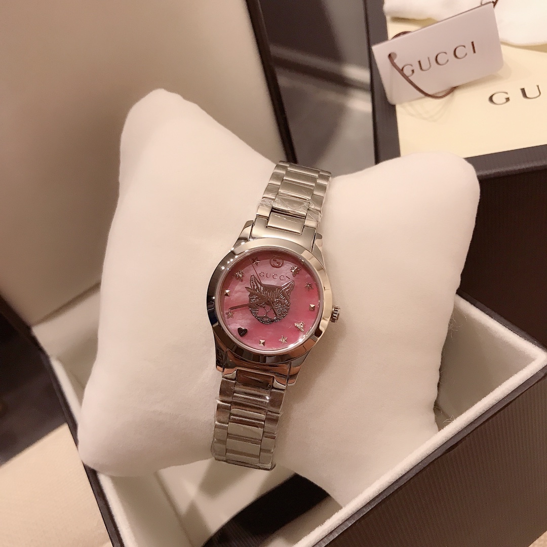 ??260 Maltose Gucci G-Timeless new pink cat mother-of-pearl dial Quartz watch for women Stainless steel 28mm